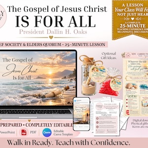 May include: A digital lesson kit for The Gospel of Jesus Christ Is for All by President Dallin H. Oaks, featuring a laptop displaying presentation slides, a smartphone, a teacher guide, and a handout, all with beach-themed imagery.