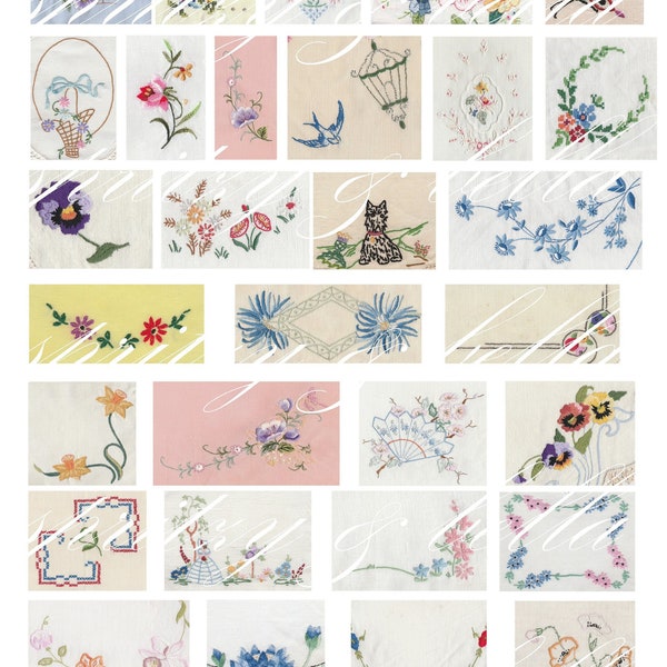 34 patchs brodés vintage, étiquettes imprimables pour journaux indésirables, fleurs cousues à la main pour les grappes Tags Tuckspots, extraits d’éphémères, Digi