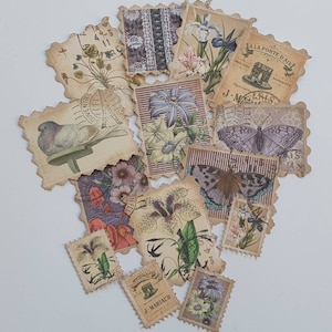 Purple Theme Junk Journal Stamps,Faux Postage Stamps,Handmade Postal Stamps,Set of 10,Vintage Style Embellishments,Mauve Ephemera,Nature