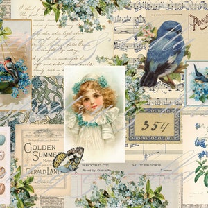 Vintage blauwe thema scheur blad, afdrukbare A4 collage papier, junk journal papier, vergeet me nots, blauwe vogels, Victoriaans tijdperk vintage ephemera, digitale