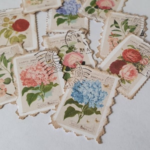 Sellos postales falsos, sellos florales para diario basura, sellos postales hechos a mano, juego de 10, adornos botánicos antiguos, efímeras de estilo shabby chic francés