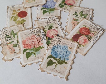 Namaakpostzegels, Floral Junk Journal-postzegels, handgemaakte postzegels, set van 10, vintage botanische versieringen, Franse shabby-chique ephemera