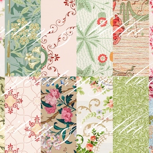 12 Vintage Antike Tapeten, Digital bedruckbar, Shabby Chic Cottage, Junk Journal Papiere, rosa grünes Blumenmuster, 1800er Jahre William Morris Victorian Era