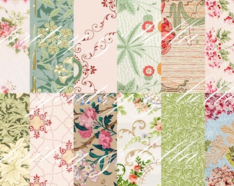 12 Vintage Antique Wallpapers,Digital Printable,Shabby Chic Cottage,Junk Journal Papers,Pink Green Floral,1800s William Morris Victorian Era