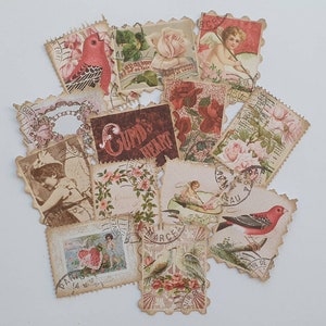 Sellos postales falsos del Día de San Valentín, sellos de revistas basura, postales hechas a mano, juego de 10, adornos vintage rosas, efímeras rosas, pájaros, románticos