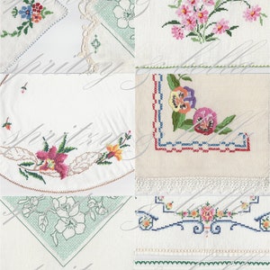 May include: A collection of six vintage embroidered handkerchiefs featuring floral and geometric designs. The handkerchiefs are white with various coloured embroidery threads.