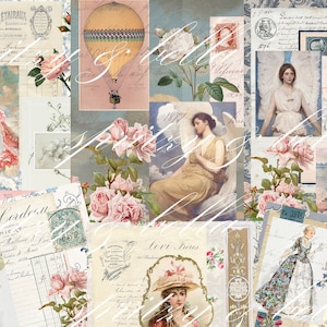 May include: A collage of vintage images featuring roses, angels, hot air balloons, and women in period clothing. The images are printed on paper with a distressed, aged look. The text "Victor Cordon" is visible on one of the images.