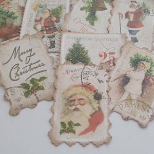 Faux Postage Stamps,Christmas Junk Journal Stamps,Handmade Postal Stamps,Set of 10,Vintage Xmas Embellishments,Christmas Ephemera,French