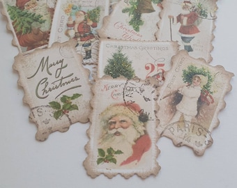 Faux Postage Stamps,Christmas Junk Journal Stamps,Handmade Postal Stamps,Set of 10,Vintage Xmas Embellishments,Christmas Ephemera,French