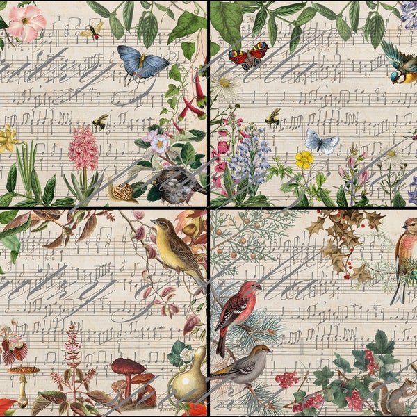 4 Jahreszeiten Junk Journal Seiten,A4 Druckbare Collage Papiere,Natur Botanische Vintage Musik,Download,Vögel Blumen,Frühling Sommer Herbst Winter