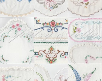 Vintage Embroidery Download,12 PRINTABLE Doilies,Digital Doily Kit,Downloadable Doilies,Embroidered Doily Paper,Fussy Cut Ephemera,Supplies