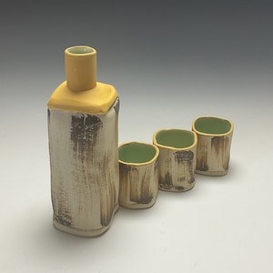 Rustic modern sake set with charcoal brushwork with yellow rim by PotterYi