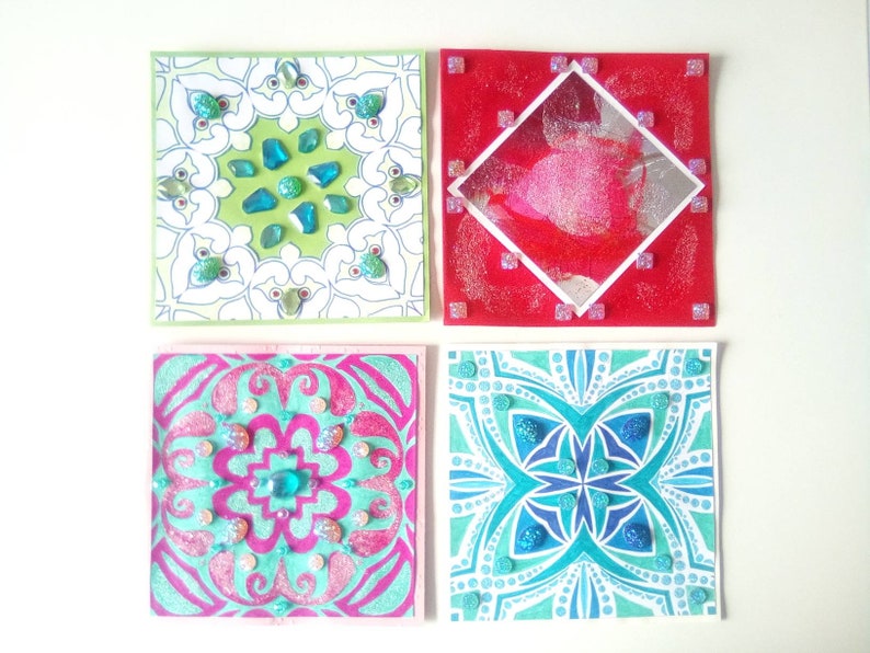 Set of Four Super Fancy Large Square Greeting Cards with Jewels and Glitter