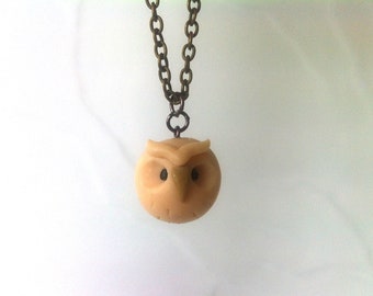 Tiny Round Owl Necklace - Fimo on an Antique Bronze Colored Chain