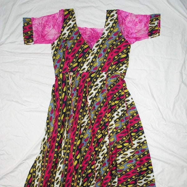 robe longue 7/8 évasée wax et dentelle rose, Robe africaine, vêtements africain, robe imprimée, robe Ankara, robe africain, vêtement femme