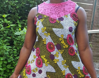 Robe évasée en wax et dentelle, Robe africaine, vêtements africain, robe imprimée, robe Ankara, robe africain, vêtement africain femme