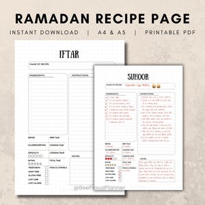 Puede incluir: Plantilla de página de receta de Ramadán imprimible en tamaños A4 y A5. La plantilla incluye secciones para el nombre de la receta, los ingredientes, las instrucciones, el tamaño de las porciones, el tiempo de preparación, el tiempo de cocción, la calificación de dificultad, las notas y la información dietética. La plantilla está diseñada para comidas de Iftar y Suhoor.