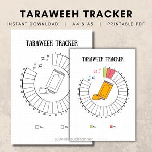 Könnte beinhalten: Druckbarer Tarawih-Tracker in den Größen A4 und A5. Der Tracker ist ein Kreis mit 29 Abschnitten für jede Nacht des Ramadan. Der Tracker hat ein Moscheesymbol und ein Gebetsteppichsymbol. Der Text "Tarawih Tracker" befindet sich oben auf der Seite.