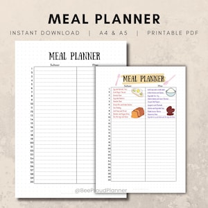 Puede incluir: Planificador de comidas imprimible en tamaños A4 y A5. El planificador tiene dos columnas etiquetadas como "Cena" y "Acompañamientos" con 30 filas para cada una. El planificador tiene un fondo blanco con líneas negras y texto. El planificador tiene algunas ilustraciones de comida.