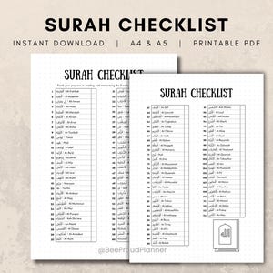 Könnte beinhalten: Zwei druckbare Surah-Checklisten, eine mit einer Liste von 60 Suren und die andere mit 114 Suren. Der Titel "SURAH CHECKLIST" steht oben. Die Checklisten sind in Schwarzweiß mit arabischem Text.