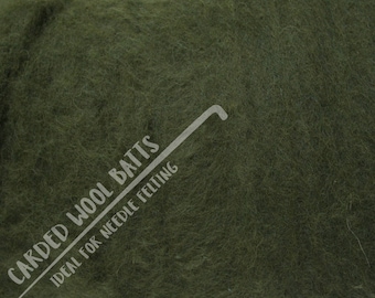 Olive Green Carded Wool Batts For Needle Felting | 100% Sheep Wool | Needle Felting Wool | Dark Olive Khaki Jungle Army Military Green
