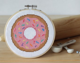 Finished Cross Stitch Project Pink Donut with Sprinkles / Complete Cross Stitch / Handmade Gift / Handmade Stitch