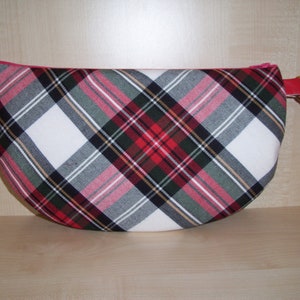 Half moon tartan check red black /& gold zip clutch bag with wrist strap BN