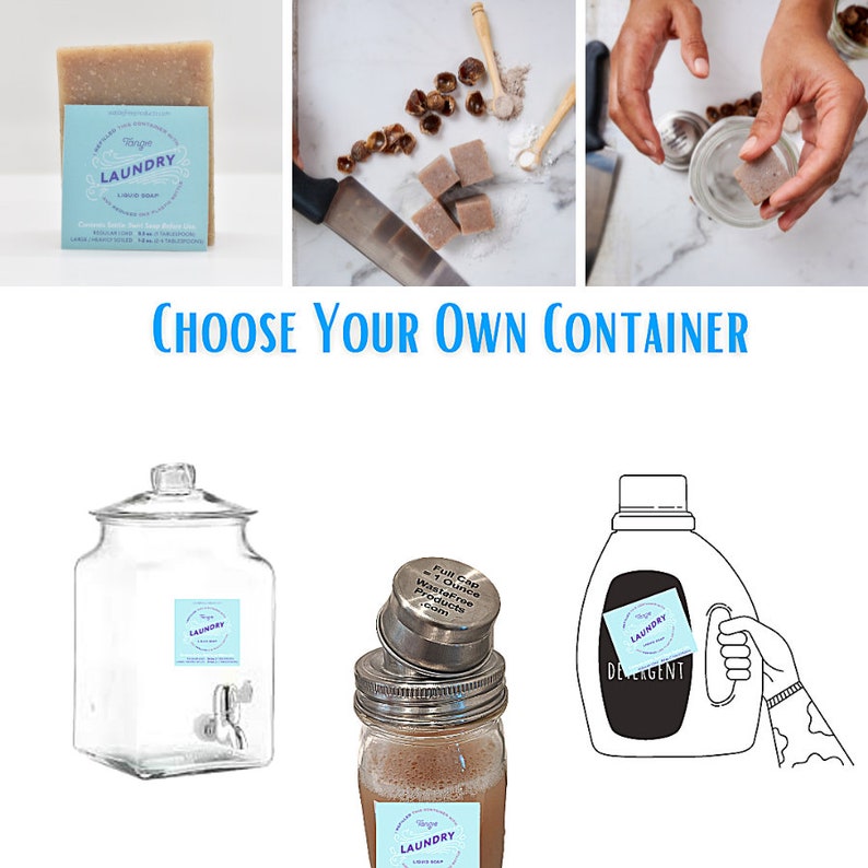 Op de afbeelding: Een bruine waszeep met een blauw etiket waarop "Ringe Laundry Liquid Soap" staat. De zeep wordt getoond in drie verschillende containers: een glazen pot met een kraan, een metalen blik en een cartoontekening van een wasmiddelfles.