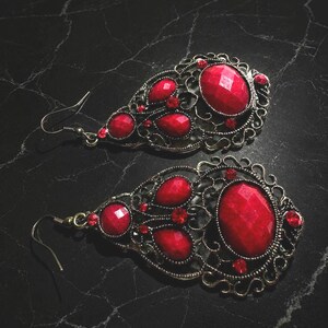 Ornate Filigree Dangle Earrings, Gothic Victorian Style Jewelry, Long Ruby Red Drop Earrings for Women