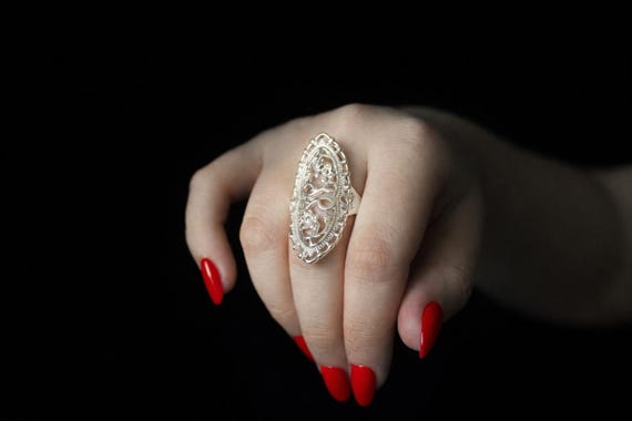 Victorian Gothic Silver Statement Ring – Large Ov… - image 4