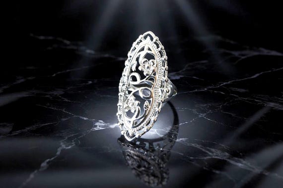 Victorian Gothic Silver Statement Ring – Large Ov… - image 1