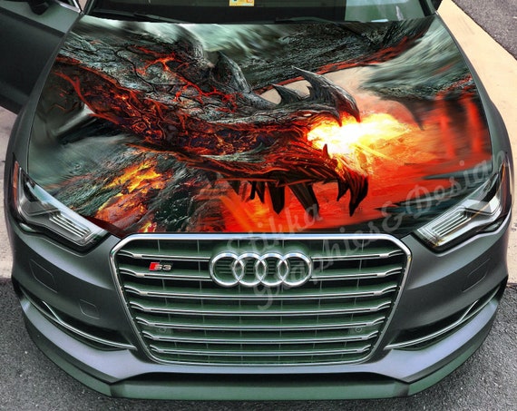 Blue Red Dragons Pretty Girl Car Hood Wrap Color Vinyl Sticker Decal Fit Any Car