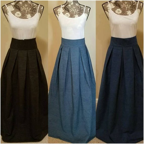 Denim Box Pleat Maxi Skirt | Etsy