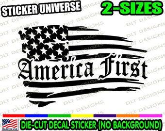 America First Distressed Flag U.S. Car Window Decal Bumper Sticker Tattered Merica We the People 1081