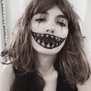 Big Mouth Monster Temporary Tattoo for Halloween. Joker Mouth with Big Teeth. 2 Copies