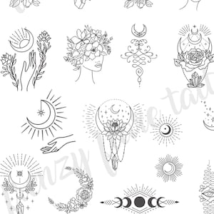 Peut inclure: Un ensemble de 25 motifs de tatouage en noir et blanc en ligne art lunaire et floral. Les motifs présentent des lunes, des étoiles, des fleurs, des cristaux et d'autres éléments célestes.
