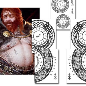 Thor GOW Temporary Tattoos for Cosplayers. Face Runes, Chest and Stomach Designs for Viking Cosplaying. God Of War Costume