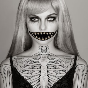 Skeleton Temporary Tattoos and Big Mouth Moster Temporary Tattoo. Rib cage, Arms Hands and Mouth Tattoos