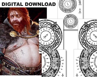 Digital Download Thor GOW Tattoo Designs. Face Runes, Chest and Stomach Viking Designs for Cosplayers. Print At Home
