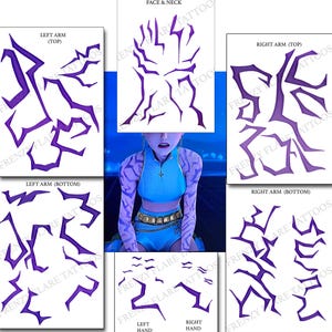 May include: Temporary tattoo sheets featuring purple lightning bolt designs for various body placements, including face, neck, arms, and hands. Each sheet is labeled with placement instructions. The brand name "Frenzy Flare Tattoos" is visible.