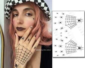Modern Witch Spiderweb Temporary Tattoos for Halloween Costume. Spooky Spiders for Knuckes, Hand and Face Tattoos