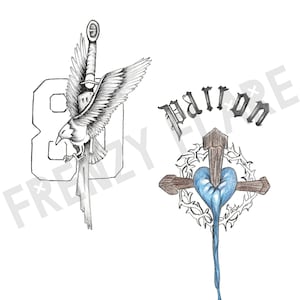 May include: Two black and white pencil drawings. The first drawing is of an eagle with a sword through its body, flying over the number 80. The second drawing is of a cross with a blue heart pierced through it, surrounded by a crown of thorns.