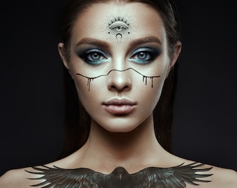 ハロウィーン用の魔女のタトゥー、カラス、ヘビ、第三の目、神秘的な
