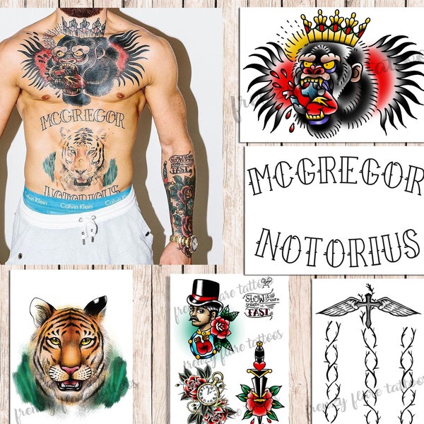 Conor McGregor Temporary Tattoos for Cosplayers. Real Size. 5 sheets Include Gorilla, Tiger, Arm Traditional Style Tattoos and Back Crucifix