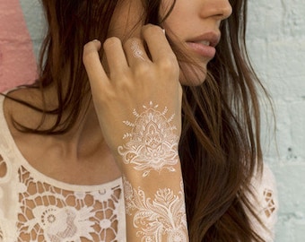 White Temporary Tattoos Pack of 10 sheets, White Henna Tattoos, Floral, Mehndi, Geometric, Accessorize Hands, Fingers and Body
