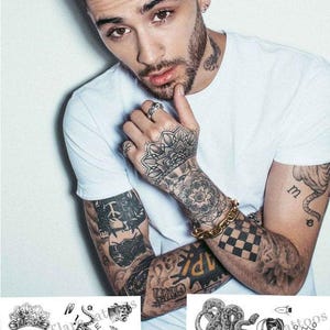 Zayn Malik Inspired Temporary Tattoos 2017. Complete set, 2 full pages with real size tattoos up to date. Perfect for music costume party
