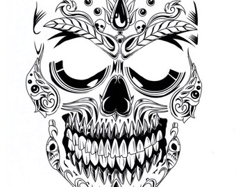 Scary Sugar Skull. Day of the Dead Temporary Tattoo Face. For Adults or Kids