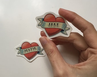 Old School Heart Temporary Tattoo. Custom names. Pack of 2. Mother&#39;s Day Fun Gift. For Loved One, Best Friend or Family Member