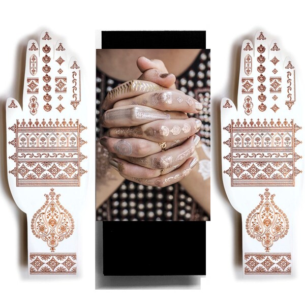 Rose Gold Henna Design Temporary Tattoo. 2 hands sheets. Valentines day gift
