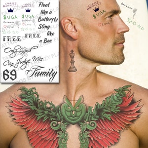 Suga Sean O&#39;Malley Temporary Tattoos for Cosplayers and Super Fans, Owl Chest and Face Tattoos
